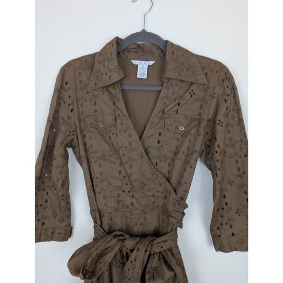 CAbi Midi Dress Floral Eyelet Faux Wrap Shirt Retro Rockabilly Brown Size 8 - Picture 2 of 11